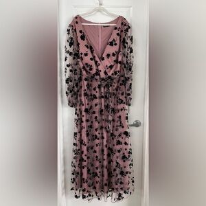 SHEIN Mauve Long Sleeve Dress with Black Floral Overlay dressy never worn